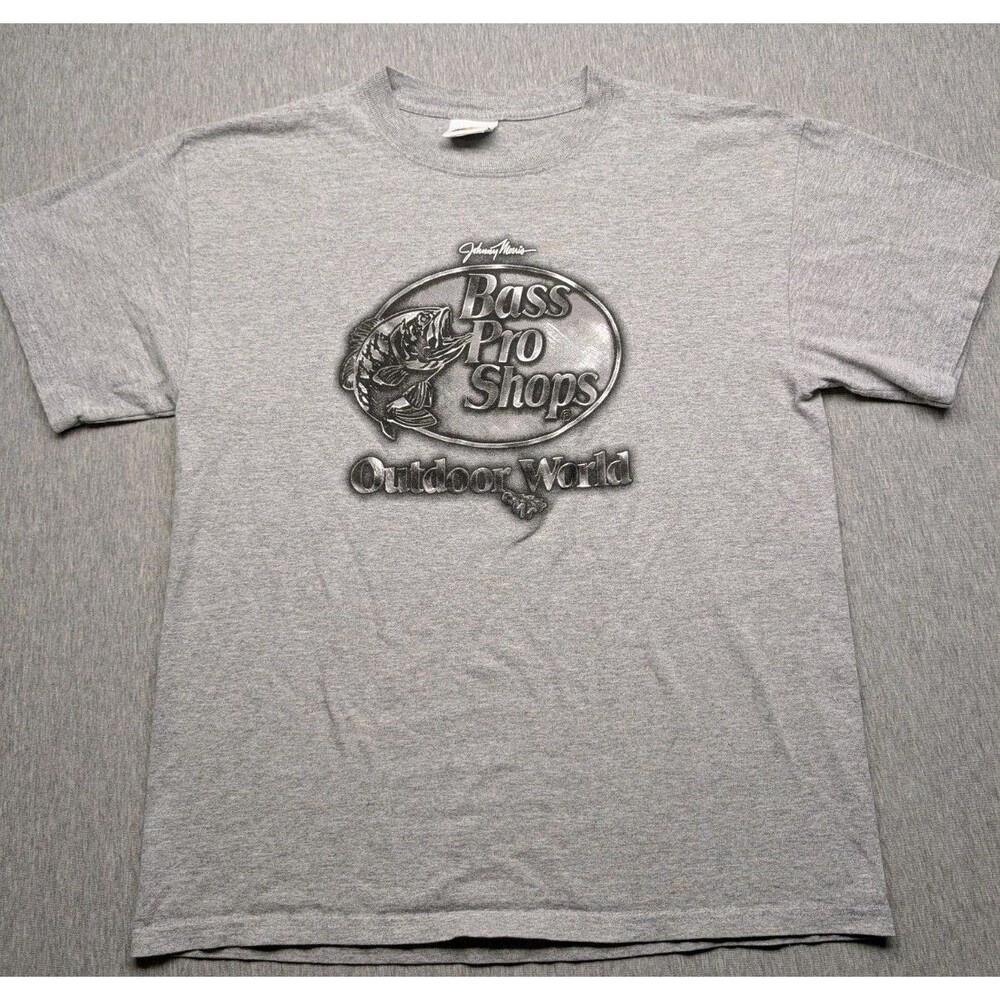 Bass Pro Shop Outdoor World Chrome Logo Tshirt Sz Medium Gray Johnny Morris